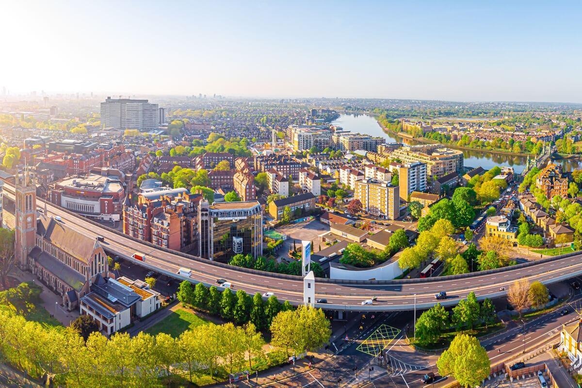 Aerial view of the A4 flyover and Hammersmith town centre