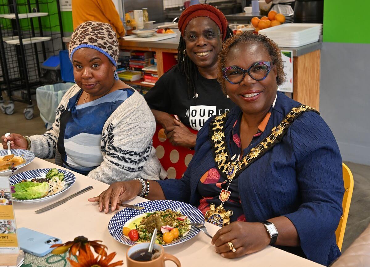 Left to right: Hub regular Valerie, hub floor supervisor Celina and H&F Mayor Cllr Sharon Holder