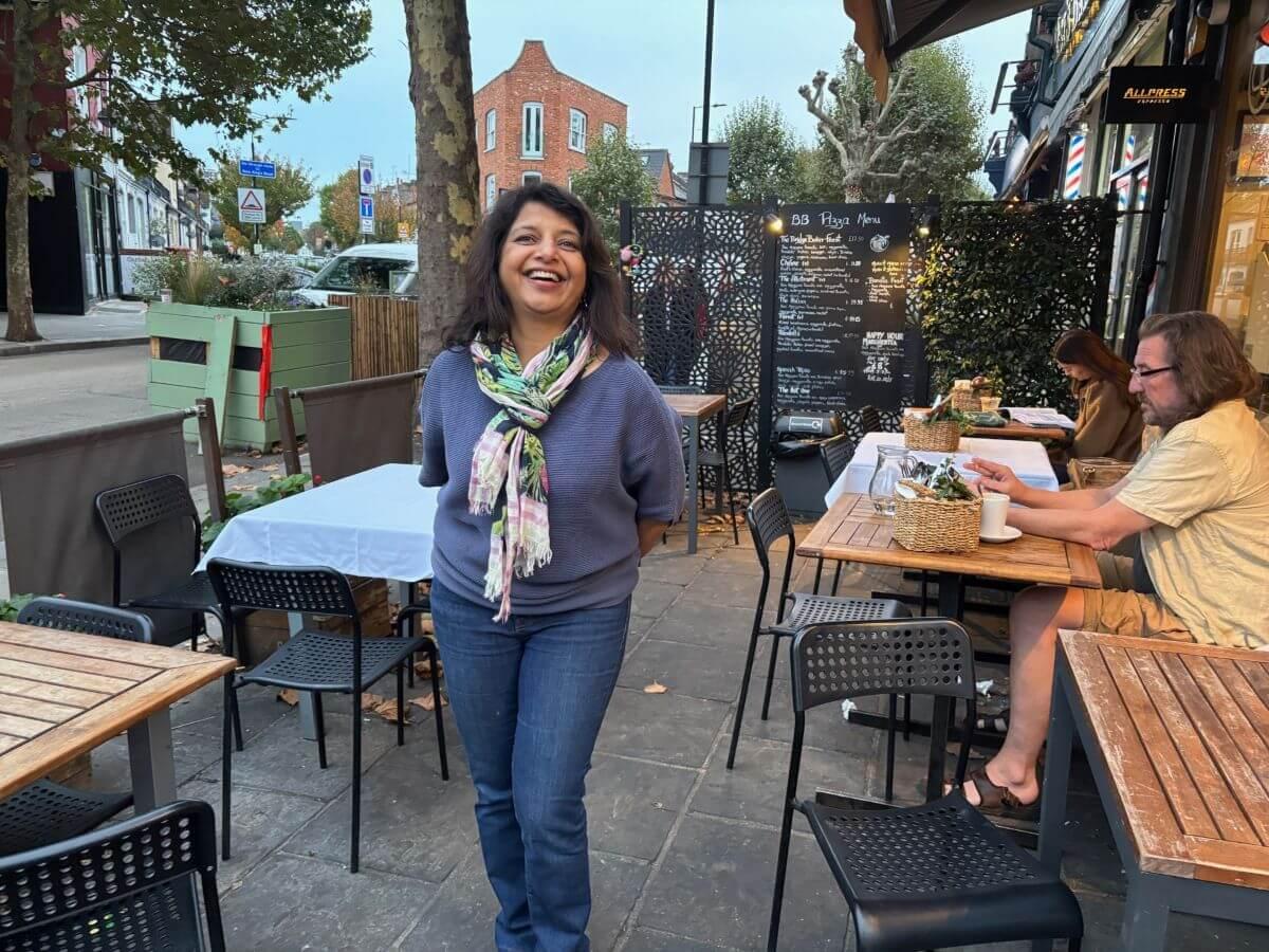 Gauri Nafrey stands outside Bridge Baker, Wandsworth Bridge Road branch