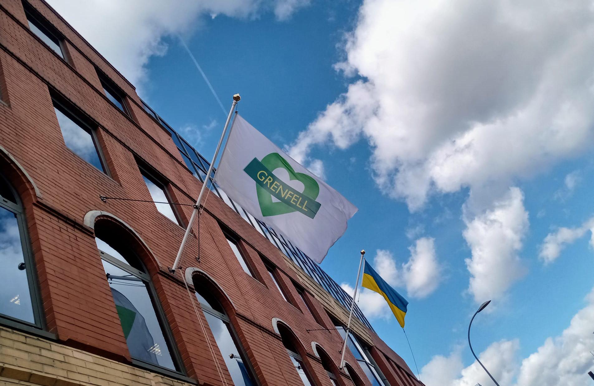 Grenfell flag at 145 King Street, Hammersmith