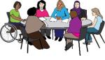 Cartoon drawing of people sitting around a table having a meeting
