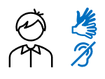 Line drawing of a young boy plus a pair of hands and a deaf symbol