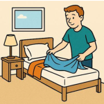 Cartoon of a man making the bed.