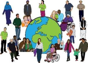 Illustration of lots of different nationalities of people standing around a globe.