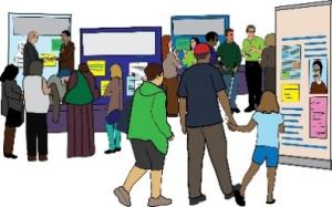 Illustration of people at an event with display boards.