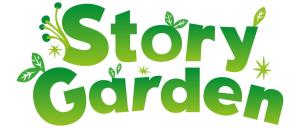 Story Garden logo - funky green lettering with leafs decorations.
