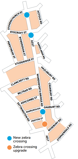 Map of Wandsworth Bridge Road showing position of 3 new zebra crossings (one just south of junction with Stockenchurch Street, one just south of junction with Ryecroft Street and one just south of junction with Narborough Road) and an upgraded existing zebra crossing half way between Friston Street and Rosebury Road