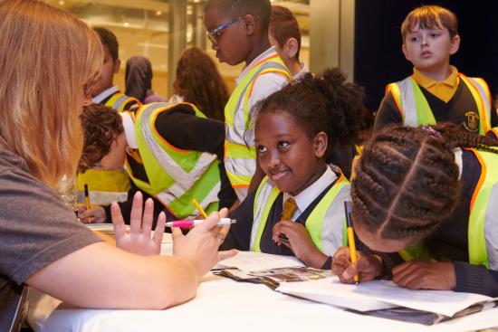 Primary school pupils from St John XXIII Catholic Primary School quizzing business leaders at H&F’s White City Reveal event