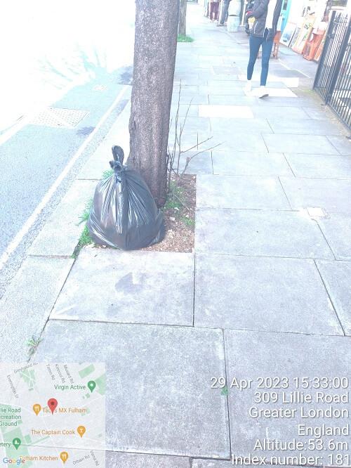 Illegally dumped waste on a footway in Lillie Road, Fulham