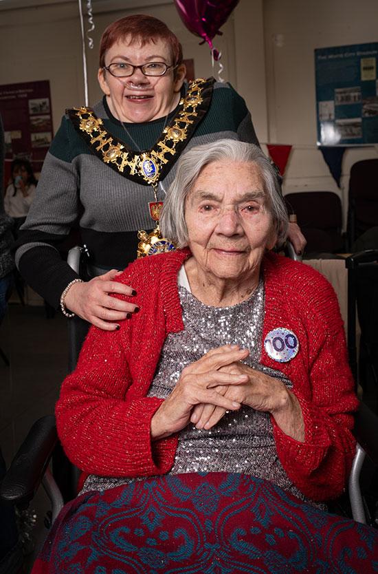 Peggy Baker (front) was joined by the Mayor of H&F, Cllr Patricia Quigley (rear) for her birthday celebrations