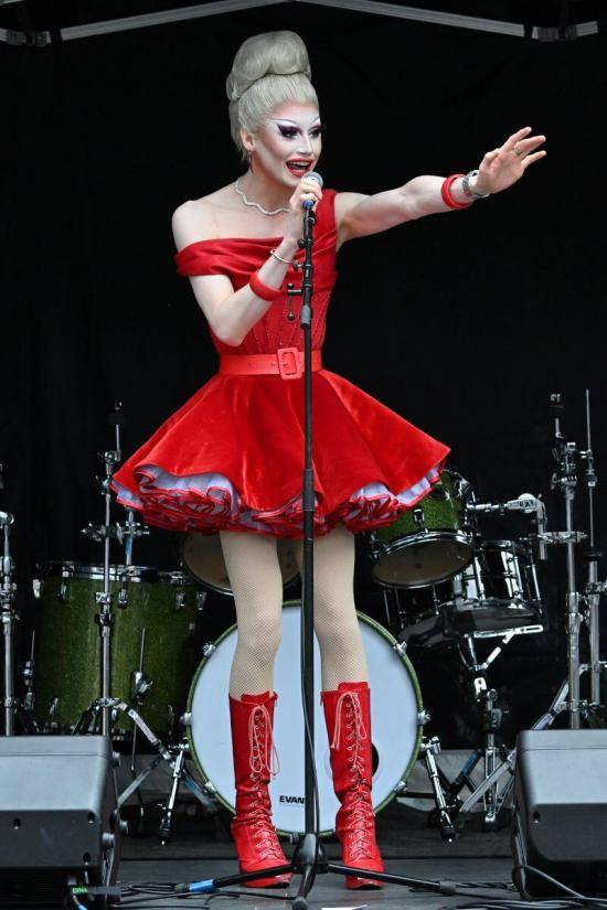RuPaul's Drag Race Season Three contestant Scarlett Harlett performs at North End Road summer festival 2024