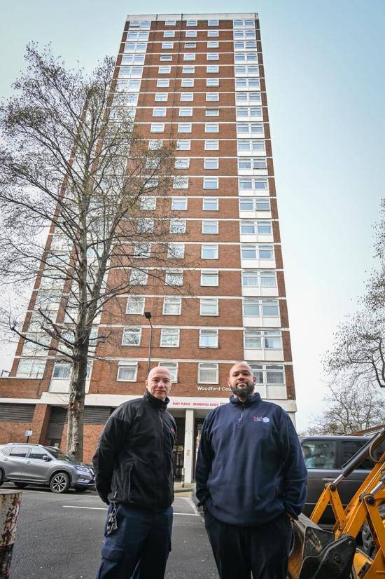 LFB Hammersmith Station Commander James Berry (left) and H&F Project Manager Dane Chrisite (right) outside Woodford Court