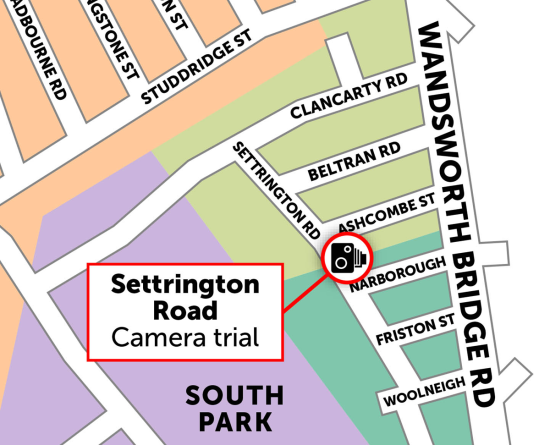 Map showing position of camera on Settrington Road bewteen Ashcombe Street and Narborough