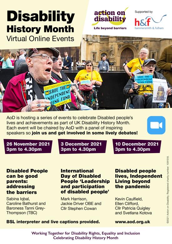Information poster about three virtual online events for Disability History Month. Details of the events are available as text within the body of this page.