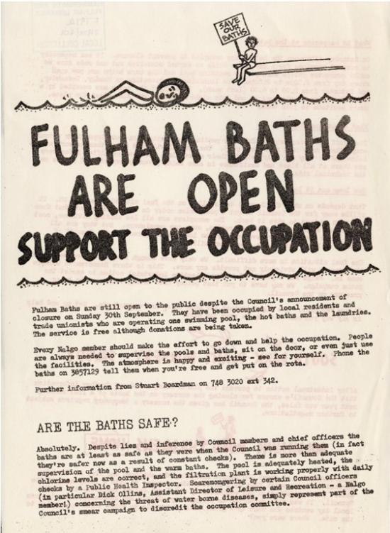 An old black and white homemade poster calling for people to support the occupation of Fulham Baths
