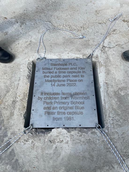 Stanhope PLC, Mitsui Fudosan and Kier buried a time capsule in the public car park next to Macfarlane Place on 14 June 2022. It includes items chosen by children from Wormholt Park primary school and an original Blue Peter time capsule from 1981