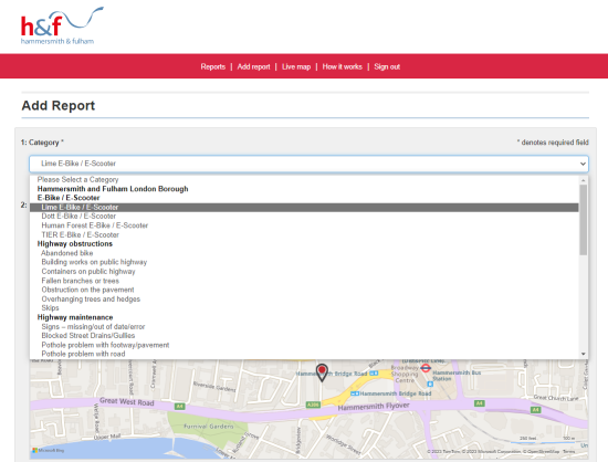 Screenshot of H&F's new e-bike reporting tool