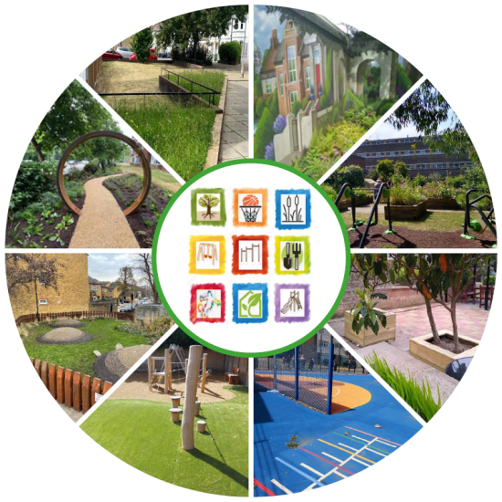 Decorative image to show a variety of PERP schemes which include improvements to gardens, installation of play equipment and murals.
