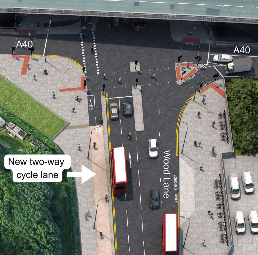 Mock up of the new protected two-way cycle lane along Wood Lane in White City, immediately south of the junction with the A40
