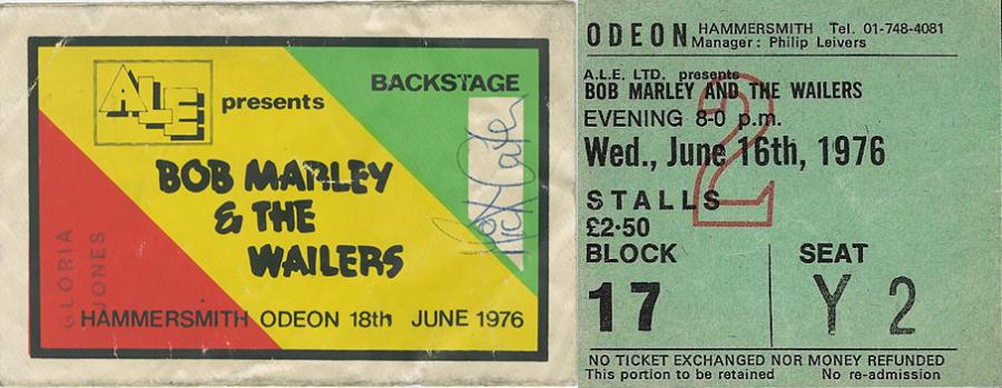 Bob Marley & The Wailers backstage pass (left) and stalls ticket (right) for the Hammersmith Odeon gigs in 1976.