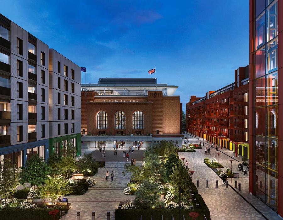 Artist's impression of the new public piazza and Hammersmith Town Hall lit up at night.