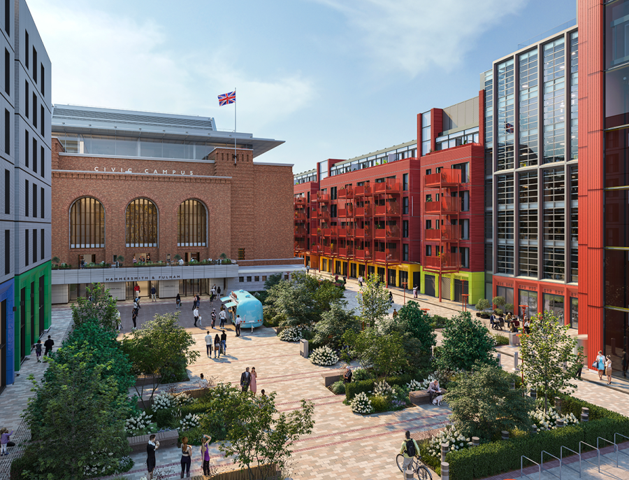 Artist's impression of the public piazza and Hammersmith Town Hall in the day time. There is a food truck outside the town hall.