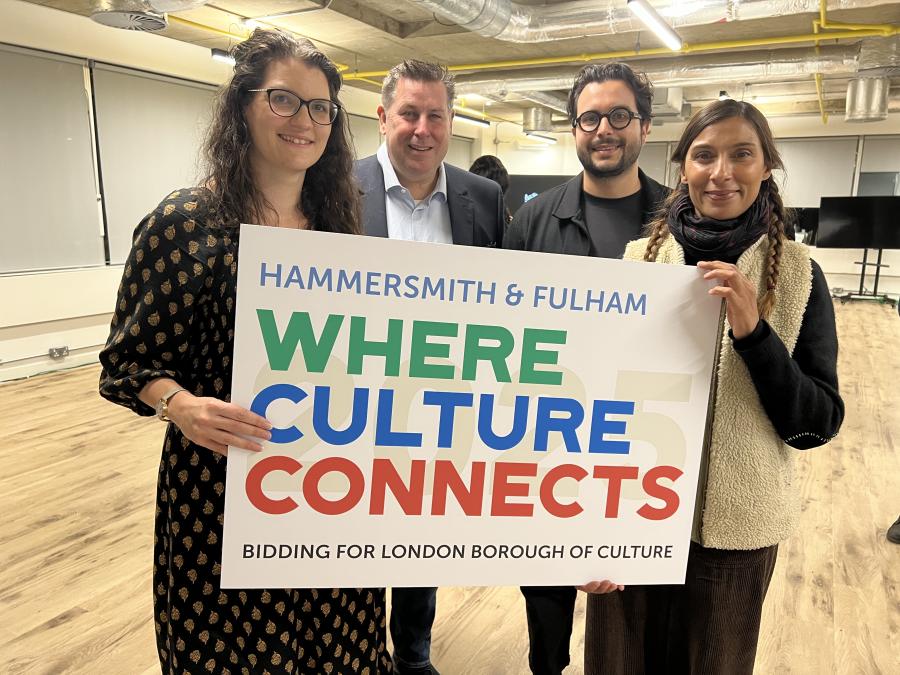 Backing our bid - from left, Amy Belson, Executive Director of Lyric Hammersmith; Cllr Stephen Cowan, Leader of H&F; Angelique Schmitt, CEO of Kindred Studios; and Harry Fisher Jones, Deputy Director of HQI