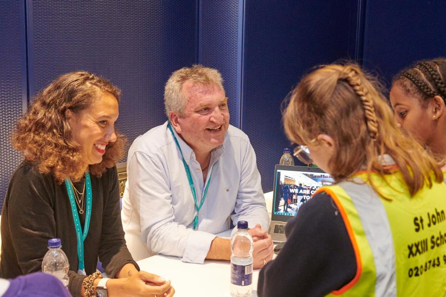 Anthony Brown, Creative Diversity Partner and Sound Supervisor (centre) and Hazel Marie Francis, Marketing and Communications Manager, (left) from BBC Studioworks spoke to students from St John XXIII Catholic Primary School