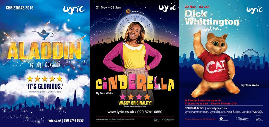 Aladdin 2016 (left), Cinderella 2015 (centre) and Dick Whittington 2014 (right)