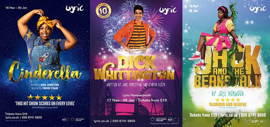 Cinderella 2019 (left), Dick Whittington 2018 (centre) and Jack and the Beanstalk 2017 (right)
