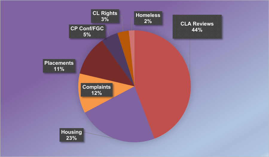 Pie chart showing breakdown of requests to the advocacy service. Children looked after reviews 44%, housing 23%, complaints 12%, placements 11%, children protection and family group conferences 5%, care leaver rights 5% and homelessness 2%.