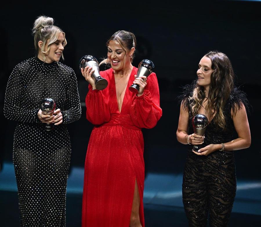 Lionesses Alessia Russo, Mary Earps and Ella Toone on stage at the Hammersmith Apollo