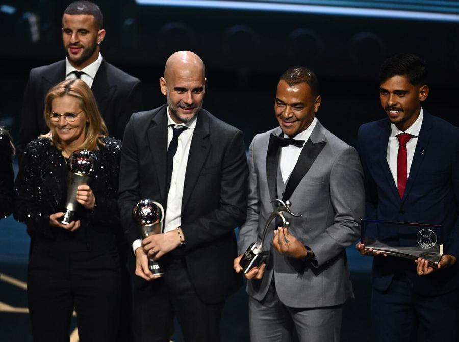 Pictured left to right are Sarina Wiegman, Pep Guardiola, Cafu and Guilherme Madruga on stage at the Hammersmith Apollo
