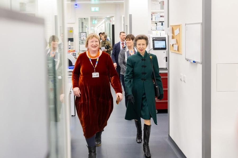 Princess Anne (right) with Prof Wiebke Arlt (left) touring the new MRC Laboratory of Medical Sciences