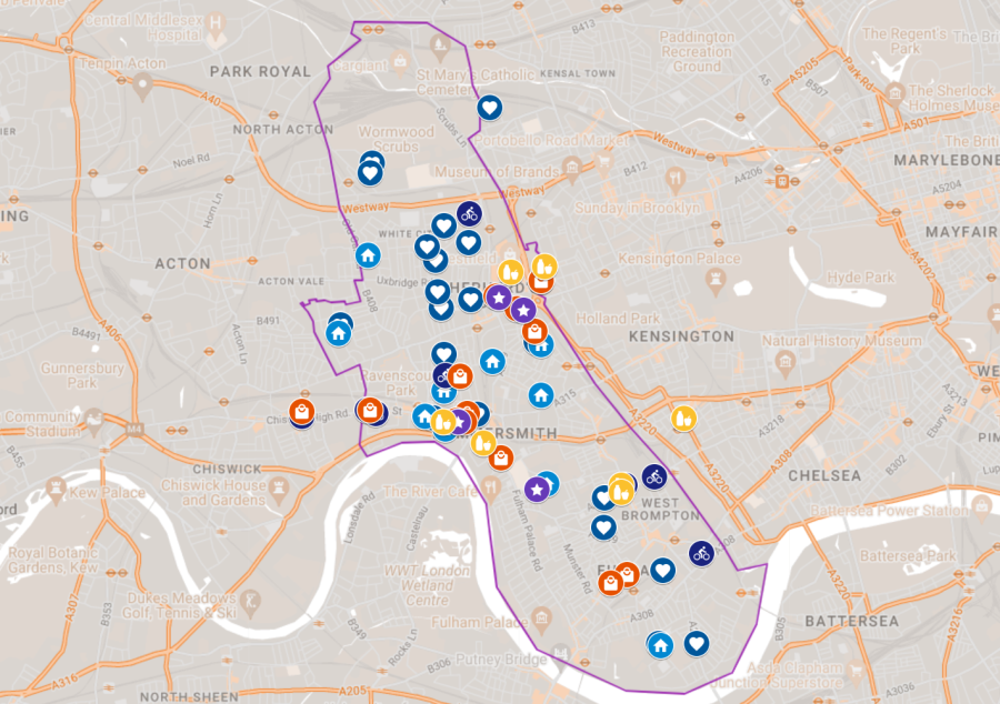 The H&F community climate map shows locations of climate-friendly sites and services.