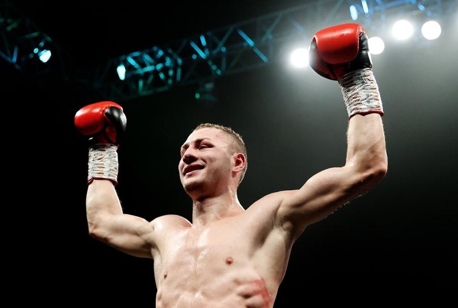 Zak Chelli celebrates after the super-middleweight fight against Anthony Sims Jr at the OVO Arena Wembley on 11 February 2023
