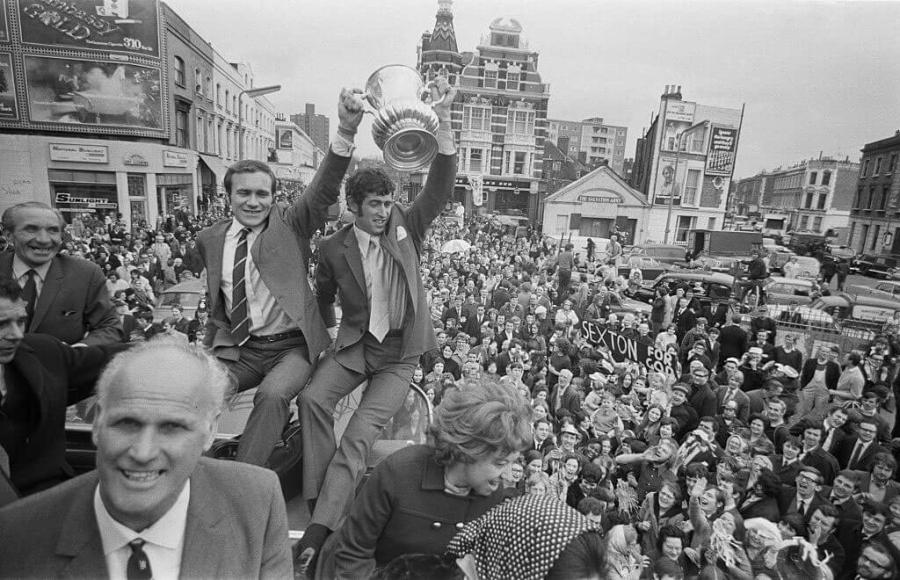 Ron Harris (left) and Peter Bonetti (right) return in triumph to the King's Road after Chelsea's 1970 FA Cup victory