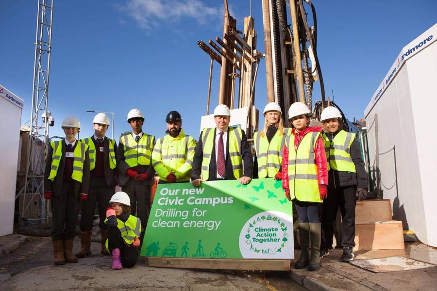 Leader of H&F Council, Cllr Stephen Cowan (pictured centre) with local schoolchildren at H&F's new Civic Campus in King Street, Hammersmith