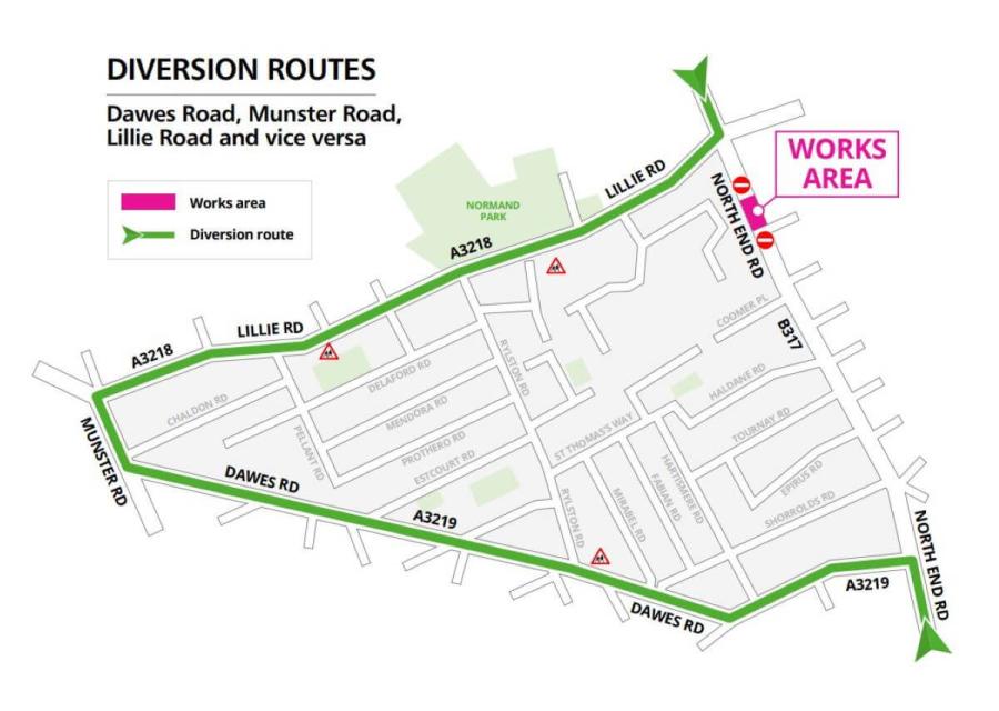 Map showing the diversion route along Dawes Road, Munster Road, Lillie Road and vice versa. It also shows the works area between Sedlescombe Road and Lillie Road