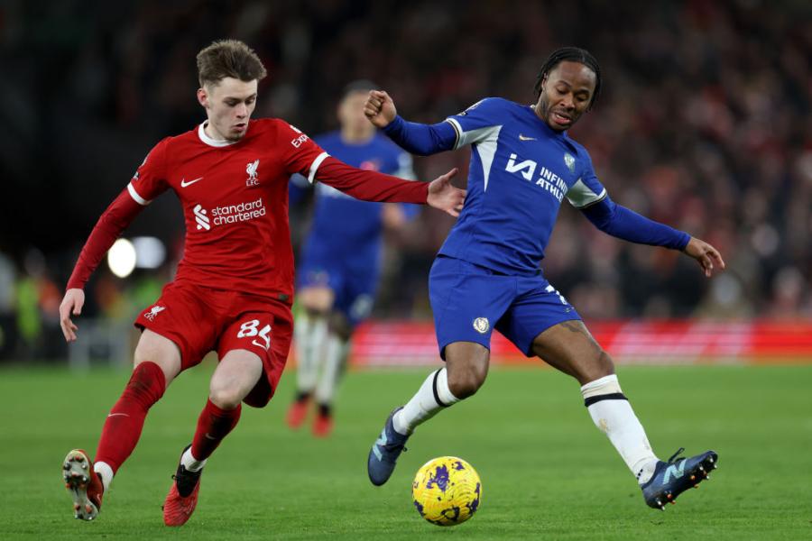 Raheem Sterling up against Liverpool sensation Conor Bradley who scored his first goal for the club against the Blues. 
