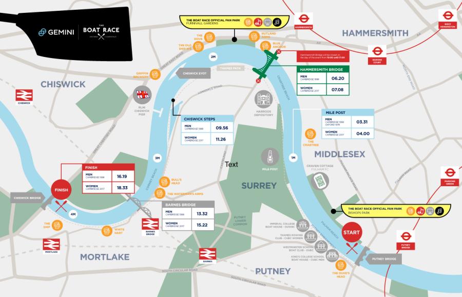 Map showing the race route, record times for each section of the route, fan parks and places to eat and drink.