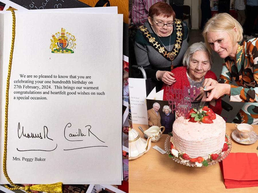 Pictured left is a signed card from King Charles III and Queen Camilla and right, Peggy cuts her birthday cake with daughter Peggy O'Neill and Cllr Patricia Quigley
