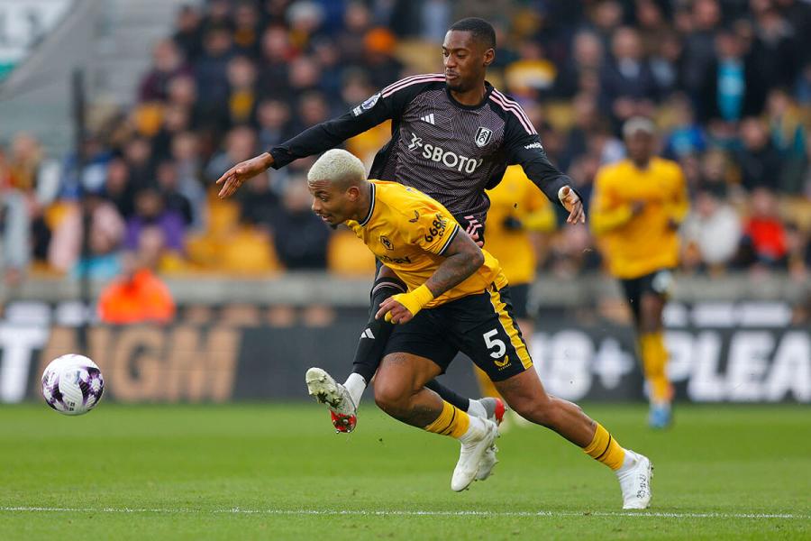 Tosin Adarabioyo of Fulham (rear) tussles with Wolverhampton Wanderers' Mario Lemina