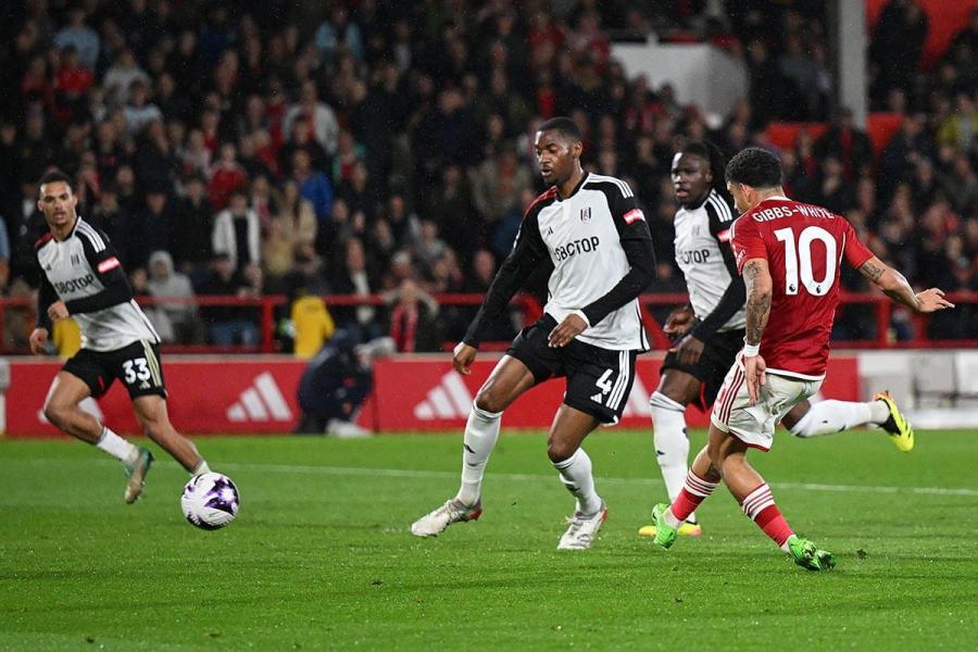 Morgan Gibbs-White (far right) scores Forest's third goal against Fulham at the City Ground