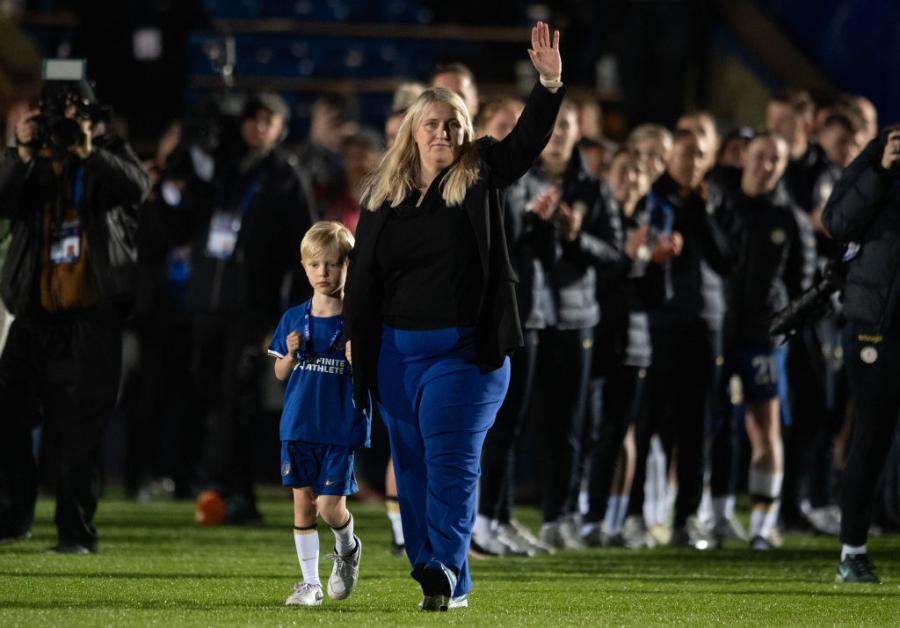 Chelsea head coach Emma Hayes and her son Harry after the game