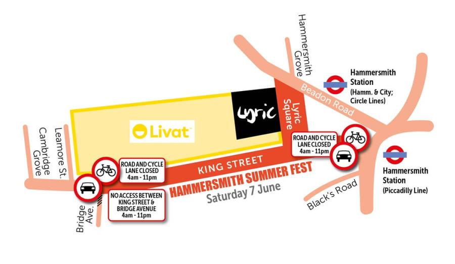 Map showing where Hammersmith summer festival will be, that is, in Lyric Square and along King Street