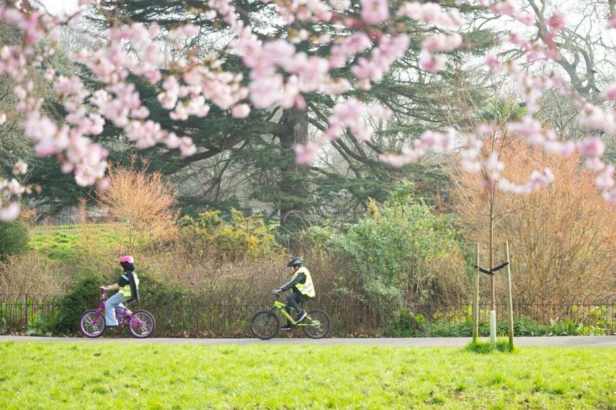 Children ride bikes on a sunny day in Ravenscourt Park.