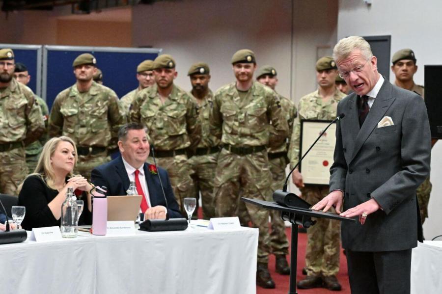 Major Rudy Vandaele-Kennedy accepts the Freedom of the Borough for Number 17 Company of the Coldstream Guards