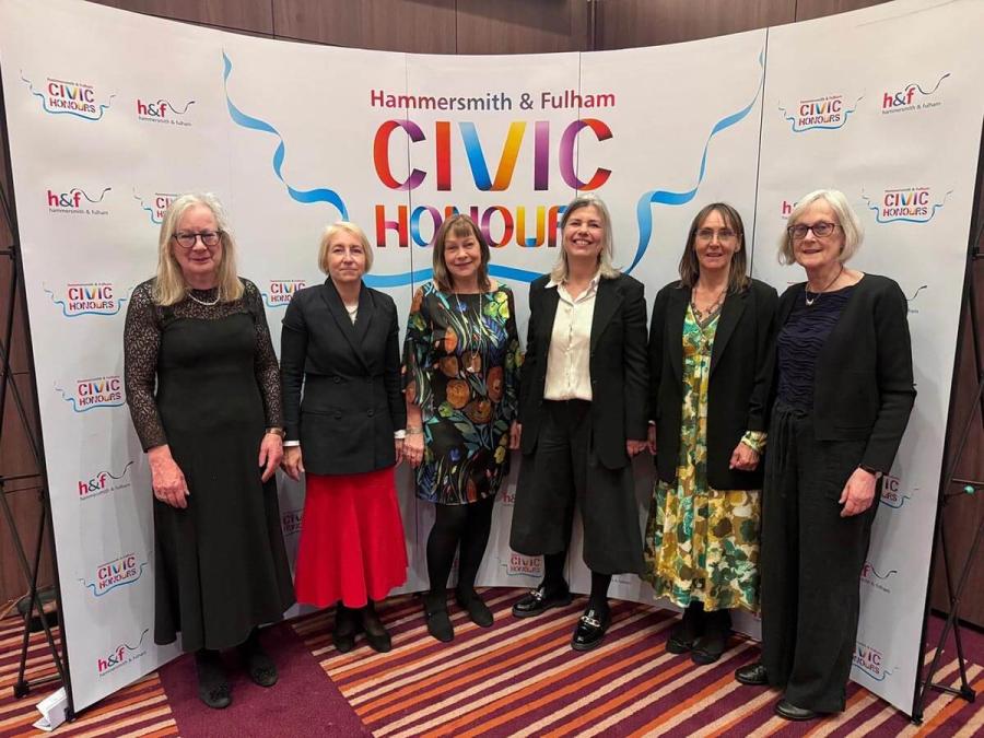 Friends of Bishops Park committee members at H&F's Civic Honours. L-R: Angela Fane, Georgie Stewart, Catriona Rooney, Sarah Jane Johnson, Harriet Lewis and Sara Borthwick