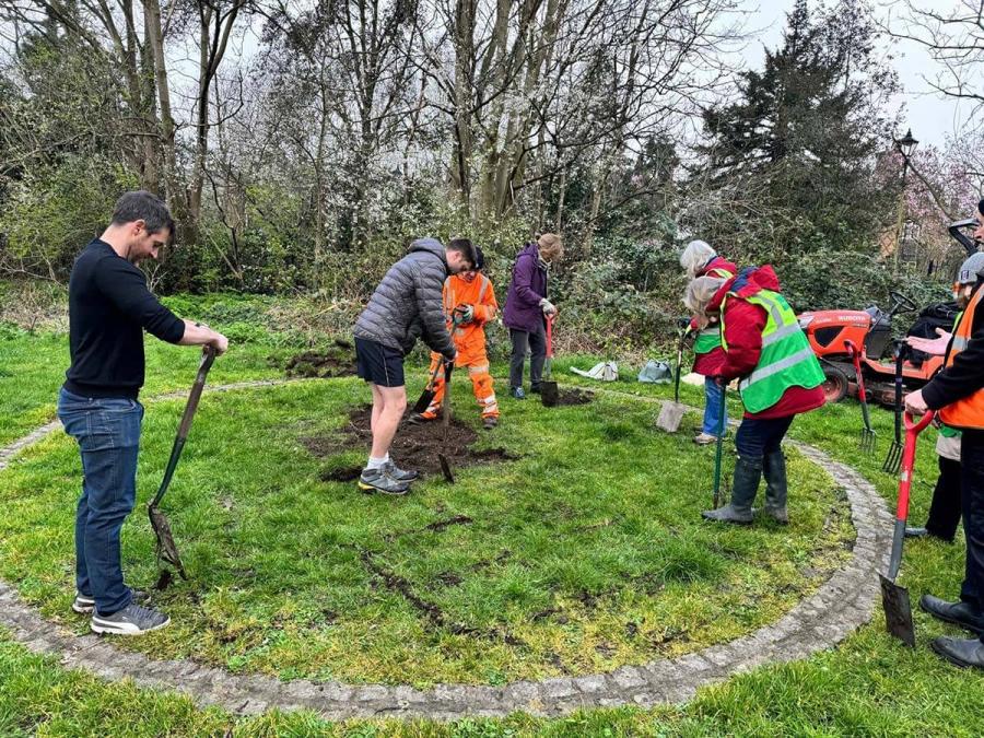 Volunteers clearing Bishops Park's wildflower patch